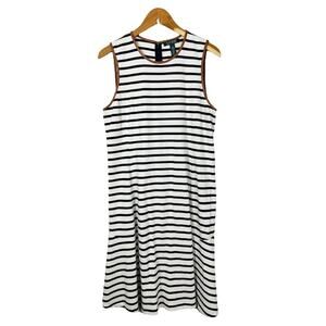 Lauren Ralph Lauren Striped Dress Large Cotton Faux Leather Trim Coastal Preppy